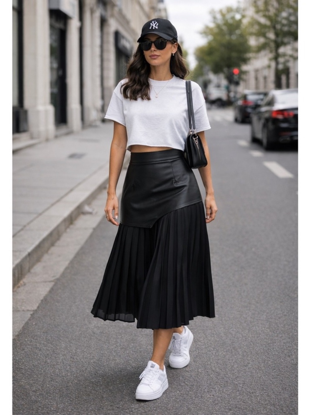 Commense Black Asymmetric Patchwork Faux Leather Chiffon Pleated Midi Skirt